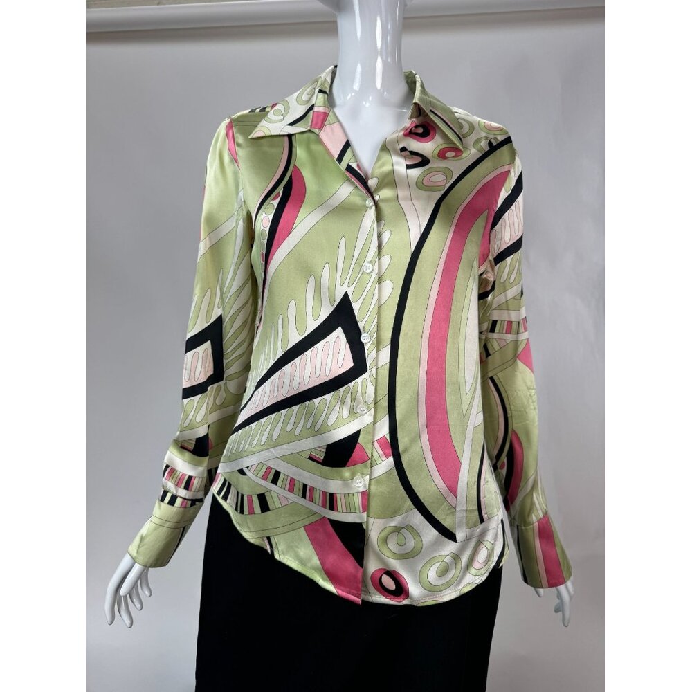 Silk Patterned Blouse By Kasper Size 6 - Green & Pink Design French Cuff Blemish